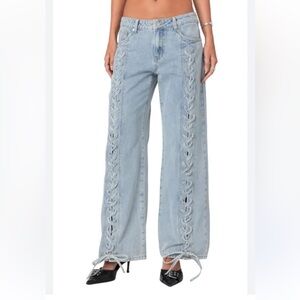 Edikted Low Rise Lace-Up Wide Leg Jeans size S in Light Blue